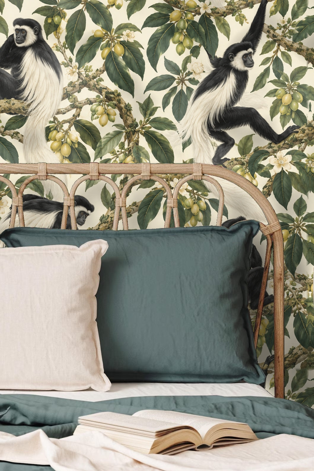 Playroom scene with Colobus Tassel Canopy wallpaper, wicker chairs, and a white playhouse.