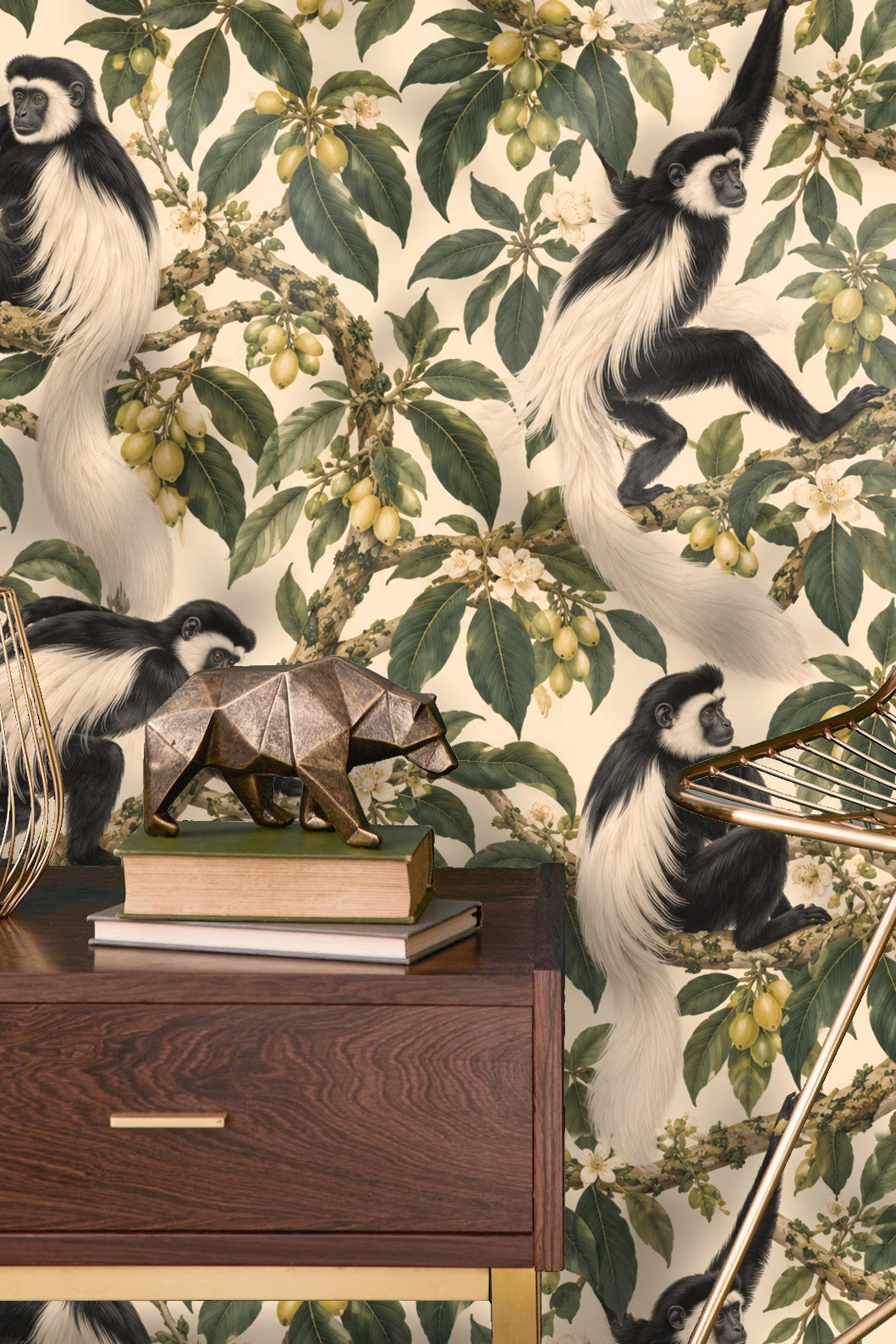Wallpaper pattern showing multiple colobus monkeys interacting with leafy branches and fruit.