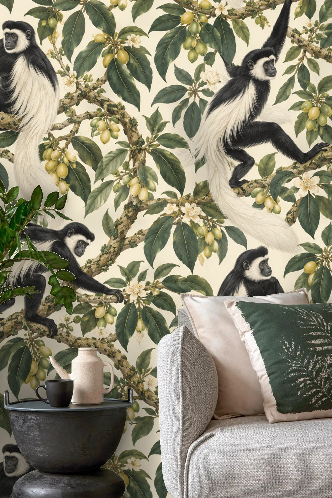 Scene showing naturalistic leaf shapes with curling edges and visible veins on wallpaper.