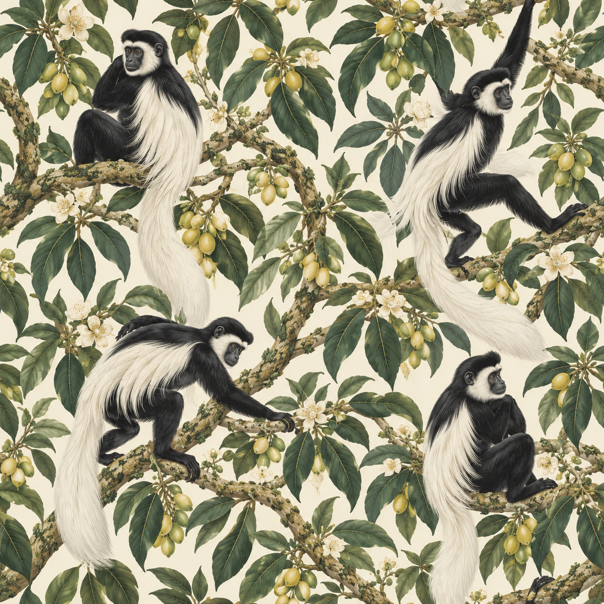Artistic composition of black and white monkeys framed by dense tropical foliage and blossom clusters.