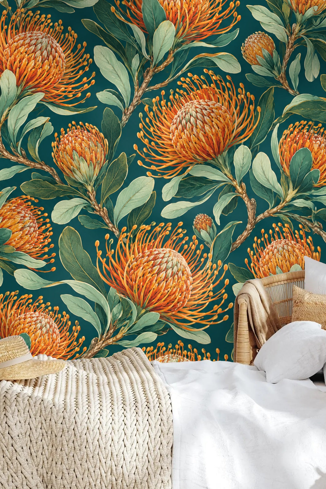 Pincushion Protea Twilight wallpaper shown in an interior setting