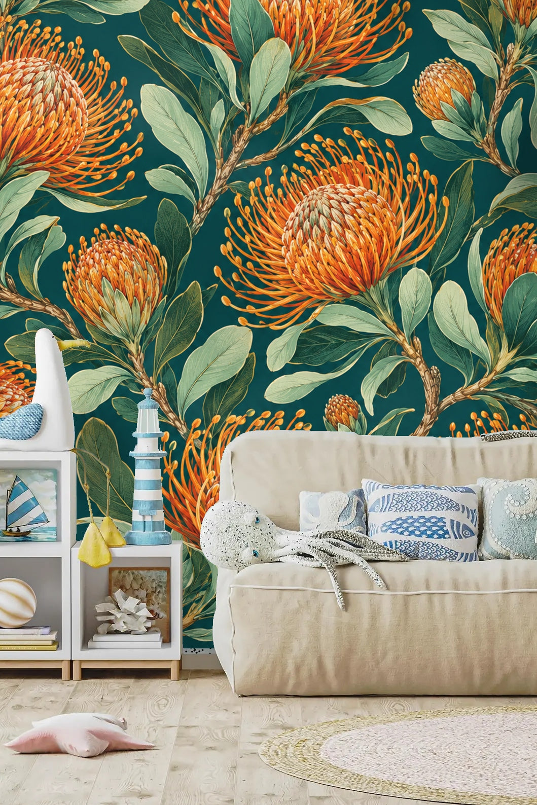 Pincushion Protea Twilight wallpaper shown in an interior setting