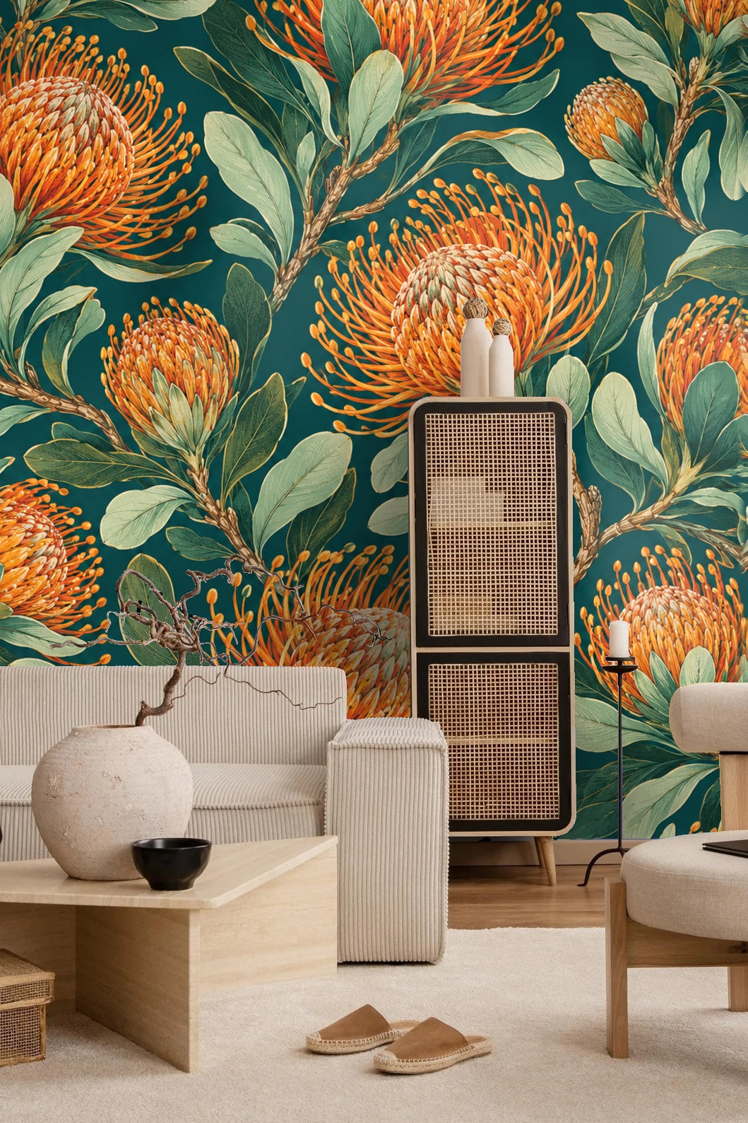 Pincushion Protea Twilight wallpaper shown in an interior setting