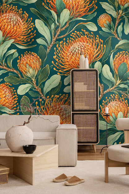 Pincushion Protea Twilight wallpaper shown in an interior setting