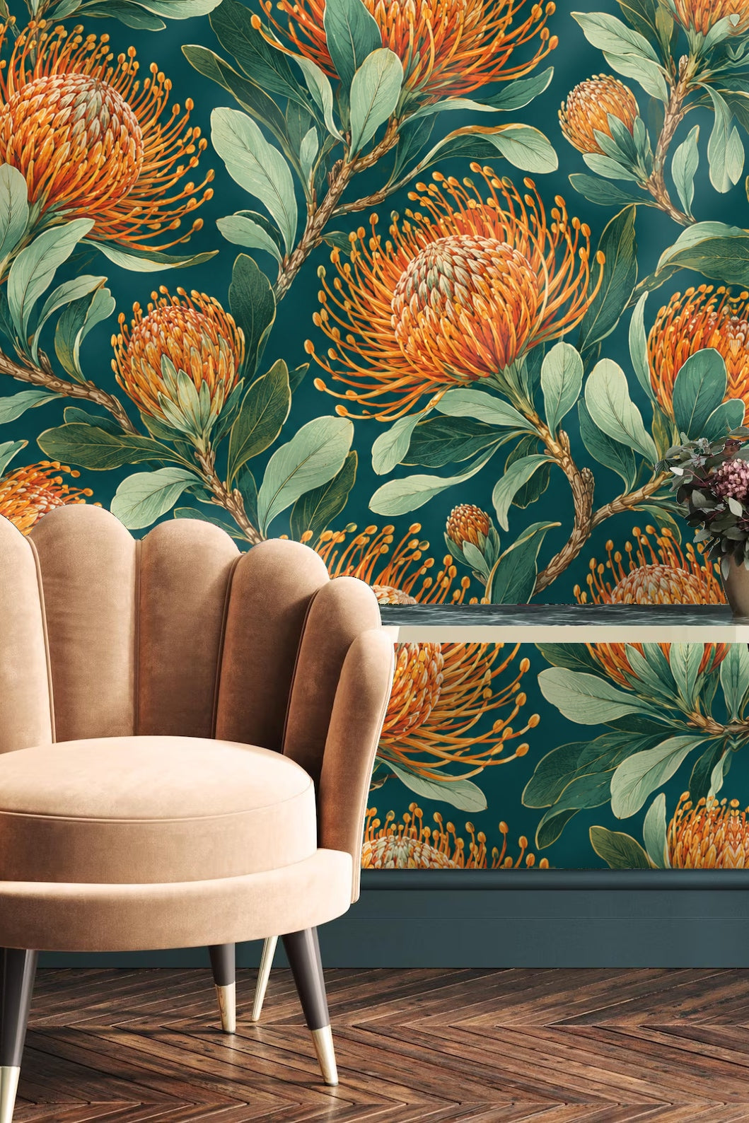 Pincushion Protea Twilight wallpaper shown in an interior setting