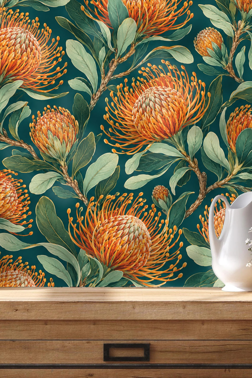Pincushion Protea Twilight wallpaper shown in an interior setting