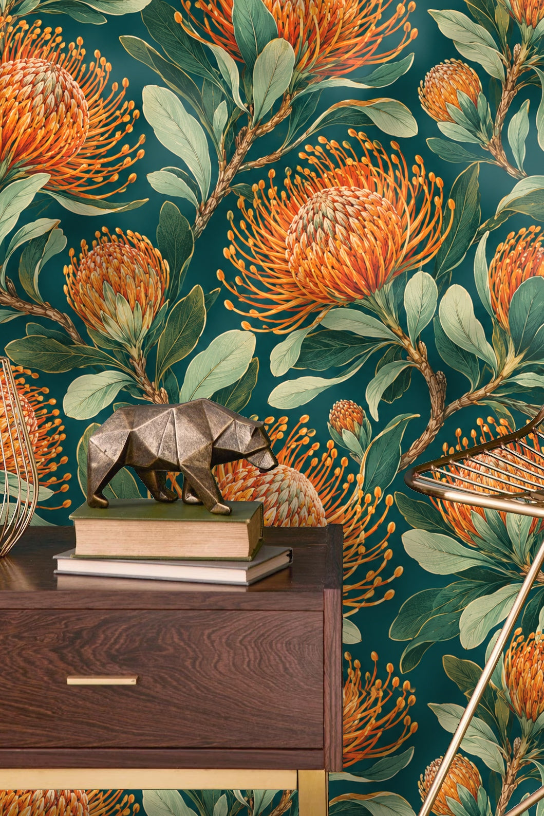 Pincushion Protea Twilight wallpaper shown in an interior setting