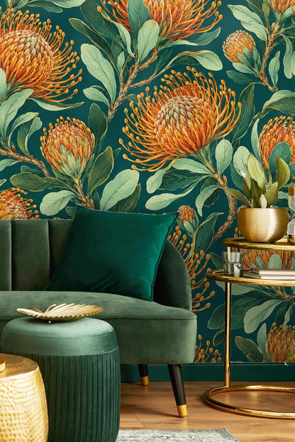 Pincushion Protea Twilight wallpaper shown in an interior setting