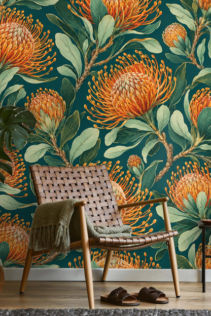 Pincushion Protea Twilight wallpaper shown in an interior setting