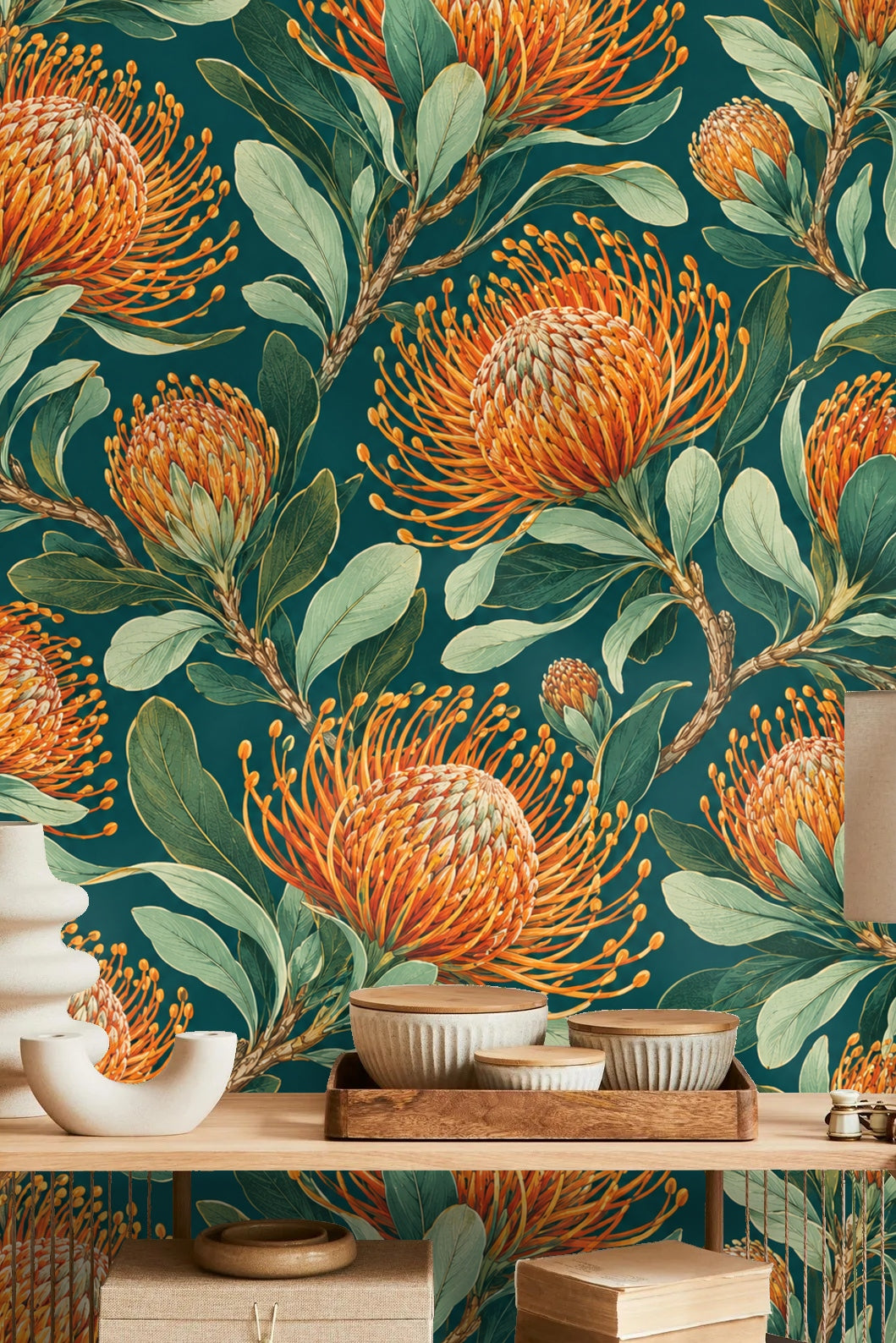 Pincushion Protea Twilight wallpaper shown in an interior setting