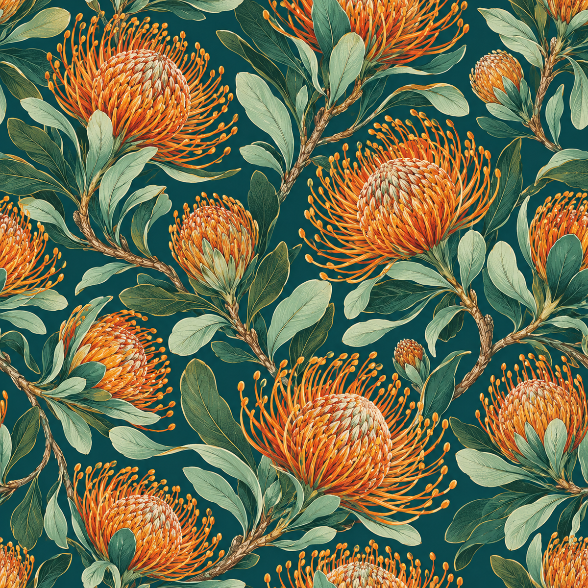 Pincushion Protea Twilight wallpaper shown in an interior setting