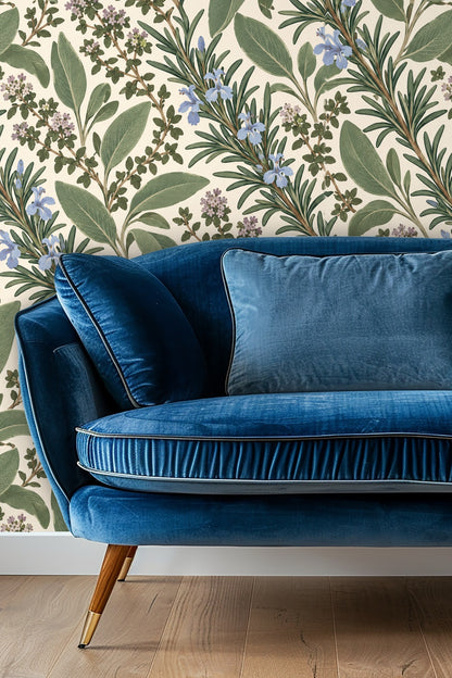 Bedroom wall with Herb Garden Sprigs wallpaper and olive green velvet scalloped headboard