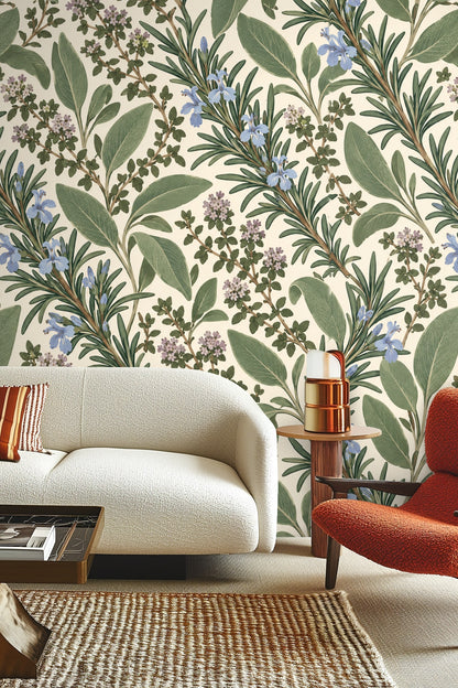 Wallpaper pattern showing sage leaves with subtle veining on pale background