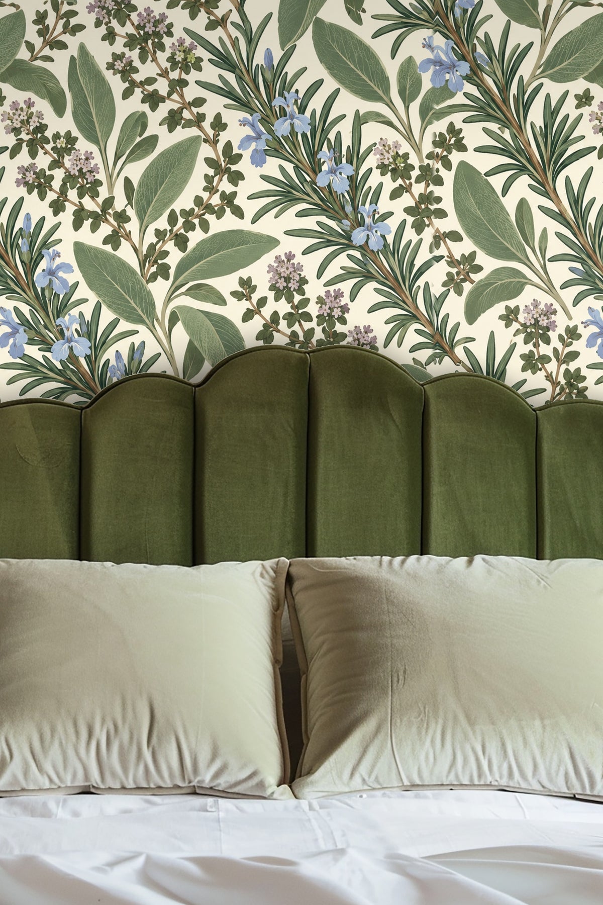Detailed botanical wallpaper featuring rosemary, sage, and thyme sprigs on cream