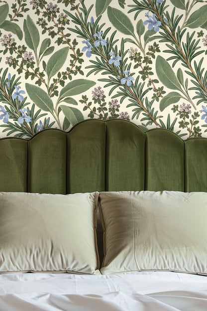 Detailed botanical wallpaper featuring rosemary, sage, and thyme sprigs on cream