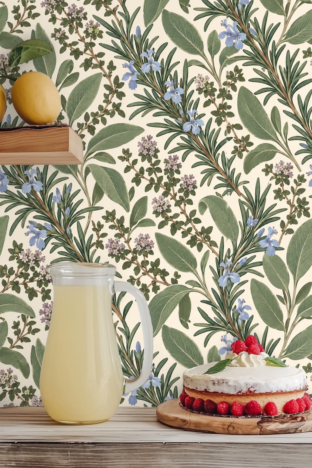 Interior corner featuring Herb Garden Sprigs wallpaper with natural wood flooring