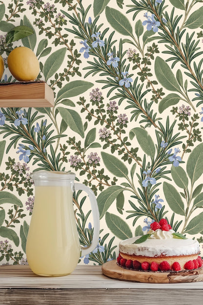 Interior corner featuring Herb Garden Sprigs wallpaper with natural wood flooring