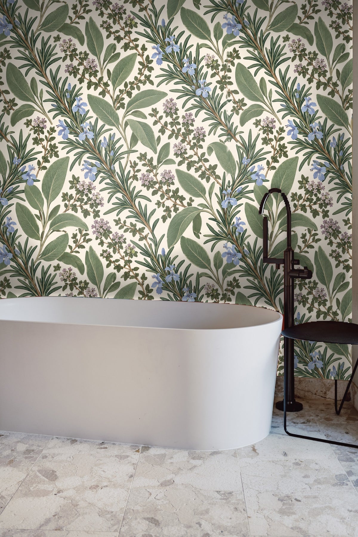 Living space with Herb Garden Sprigs wallpaper beside a contemporary wooden side table