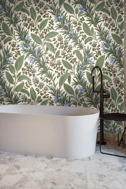 Living space with Herb Garden Sprigs wallpaper beside a contemporary wooden side table