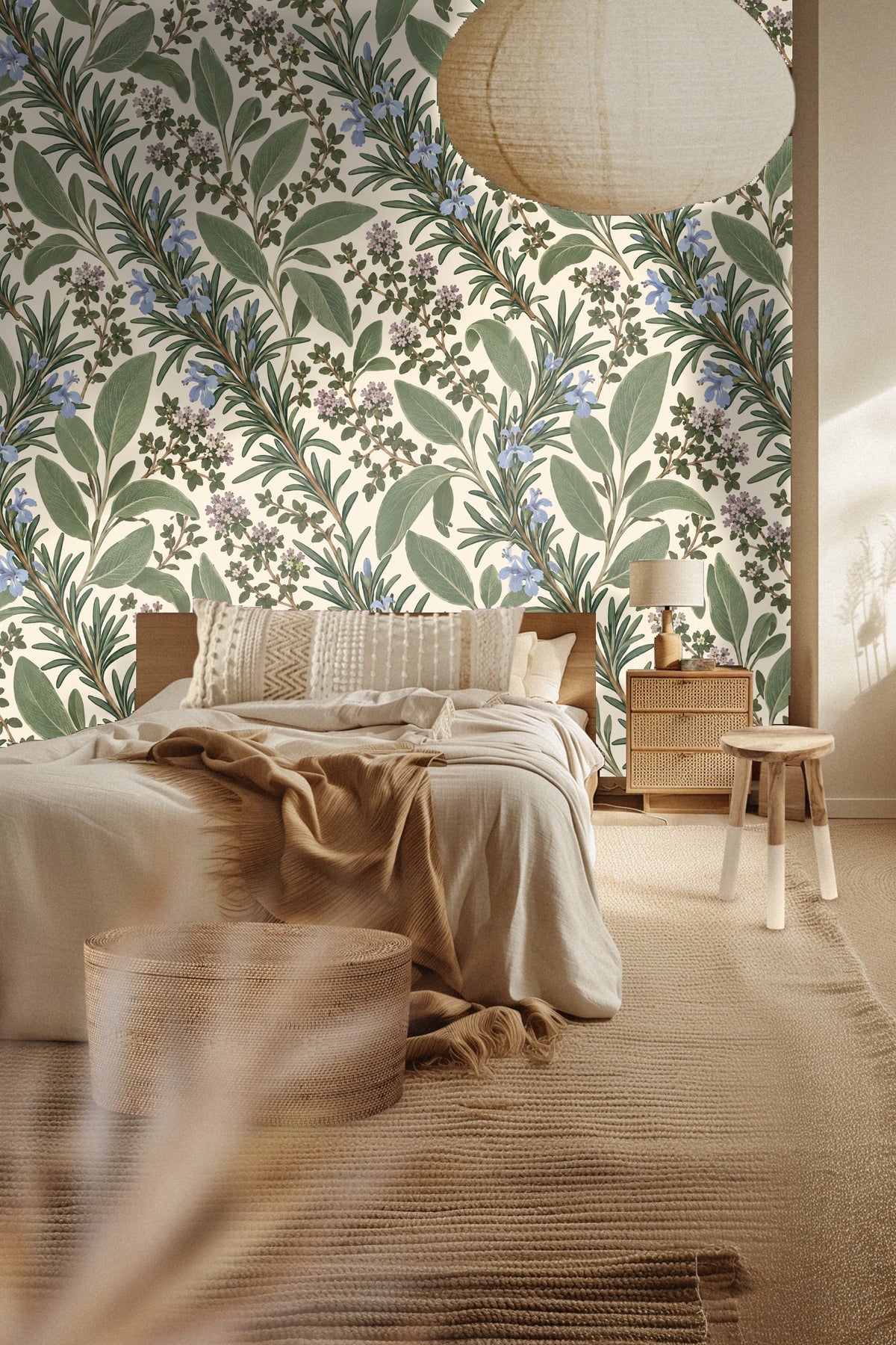 Muted lavender flowers accentuating the green herb leaves in wallpaper design