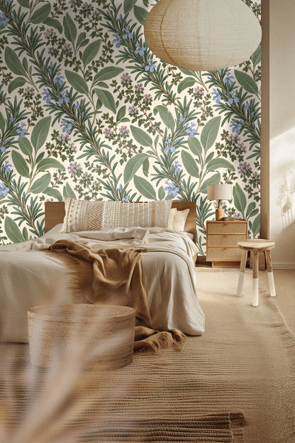 Muted lavender flowers accentuating the green herb leaves in wallpaper design