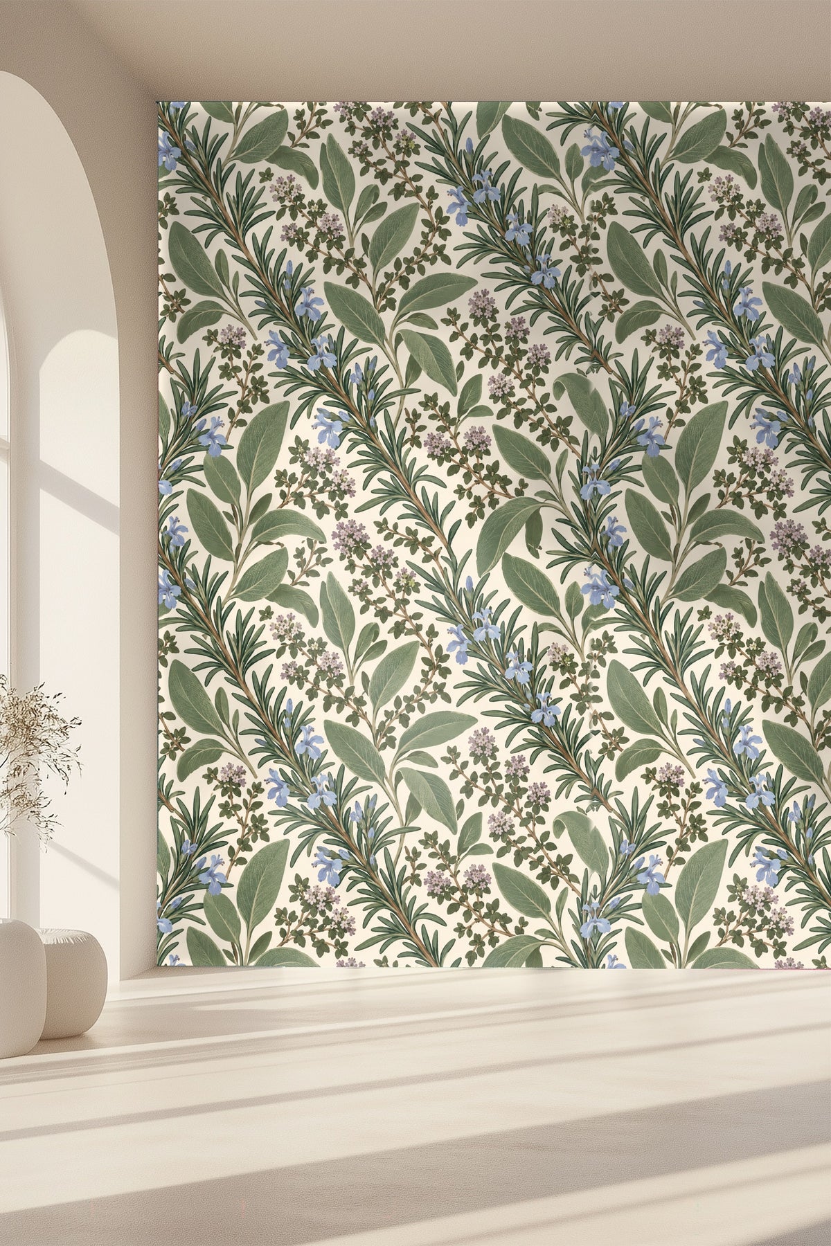 Soft cream wallpaper base highlighting fine botanical linework