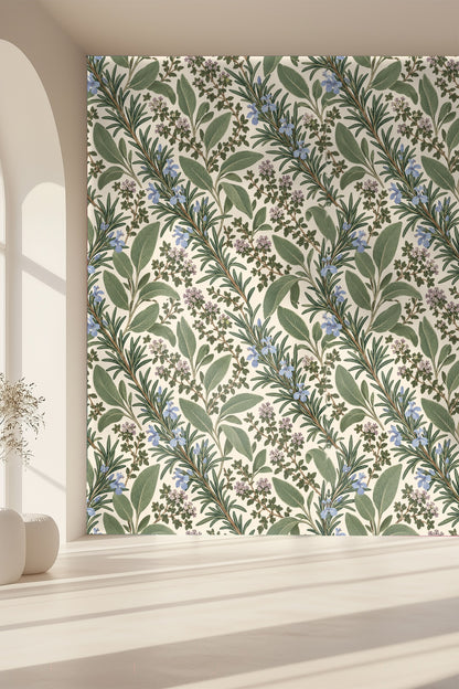 Soft cream wallpaper base highlighting fine botanical linework