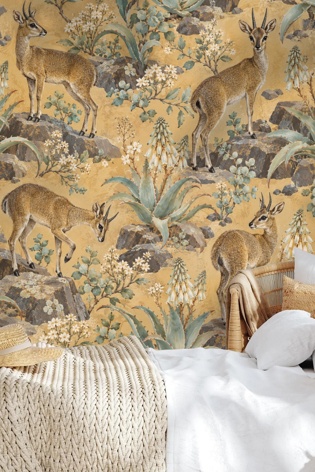 Wallpaper installed in a children's playroom featuring klipspringers and botanical stones pattern