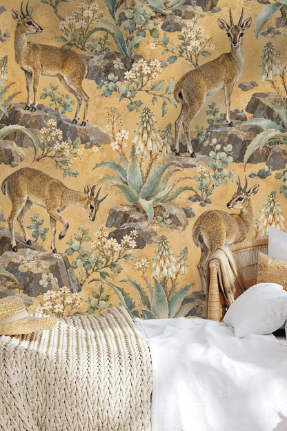 Wallpaper installed in a children's playroom featuring klipspringers and botanical stones pattern