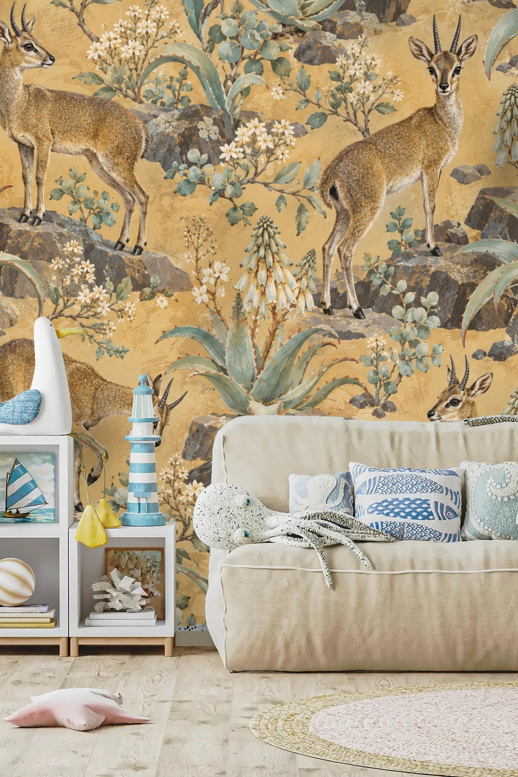 Wallpaper scene focusing on solitary klipspringer standing on boulder