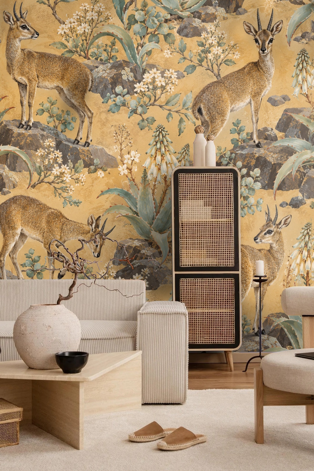 Wide view of wallpaper with multiple klipspringers and varied rock formations