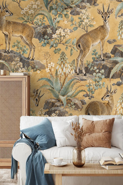 Wallpaper detail highlighting botanical clusters in muted greens and creams