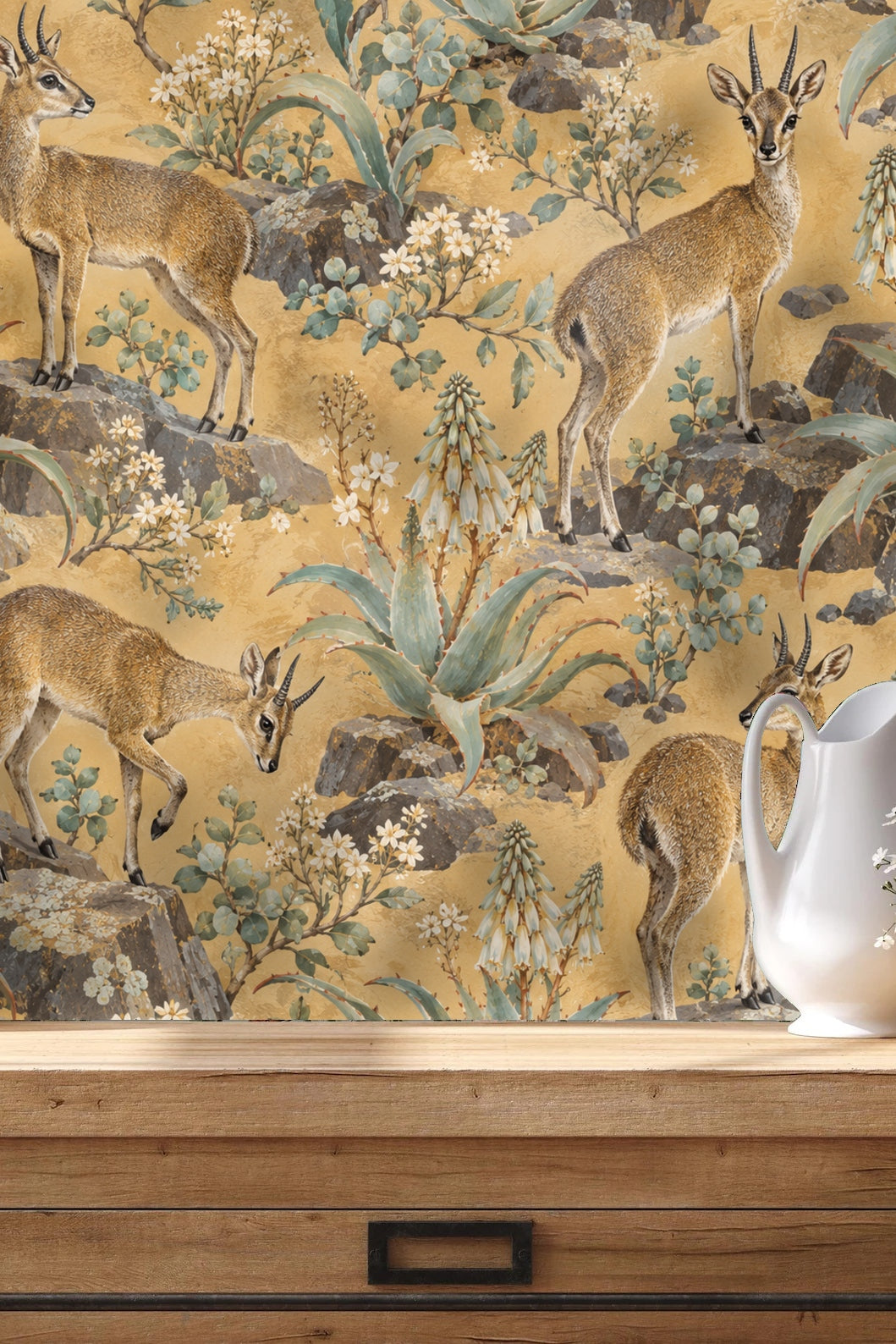 Wallpaper detail showing two klipspringers on rocks near sagegreen agave flowers