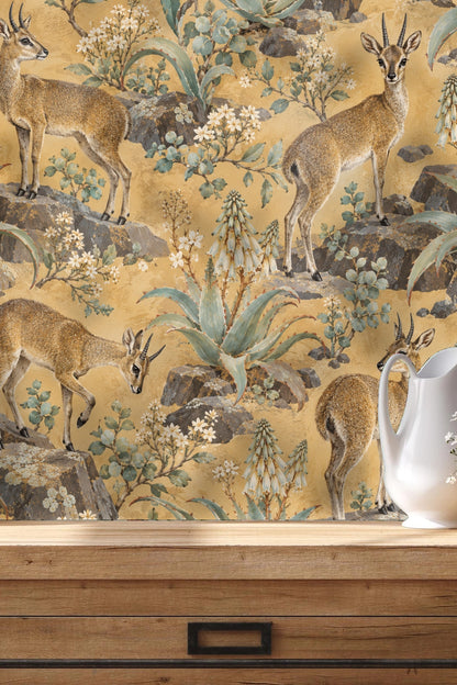 Wallpaper detail showing two klipspringers on rocks near sagegreen agave flowers