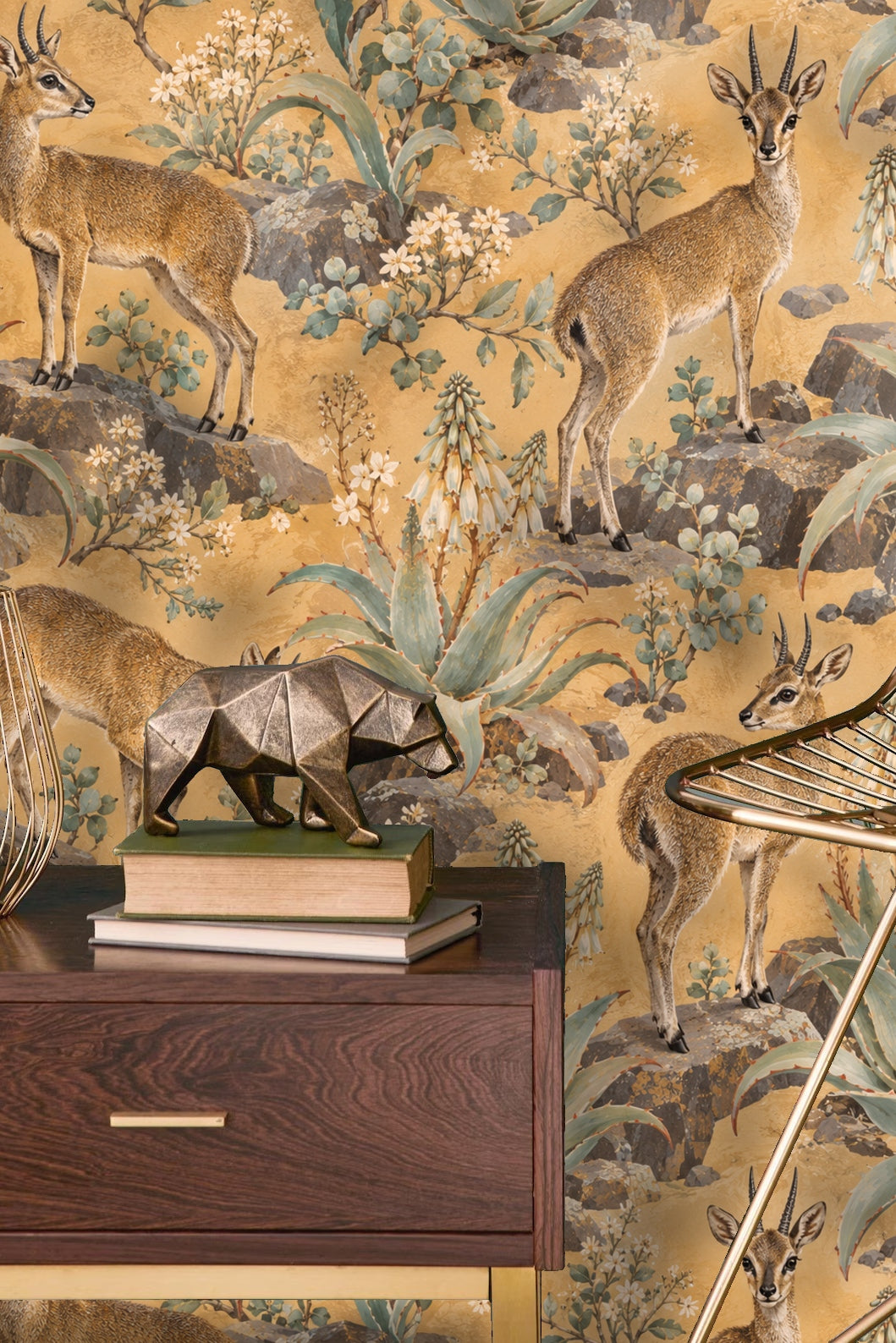 Wallpaper section showing floral clusters and stone textures with klipspringers scattered