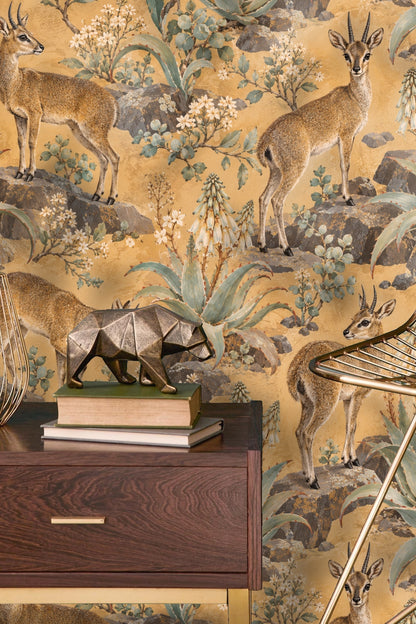 Wallpaper section showing floral clusters and stone textures with klipspringers scattered
