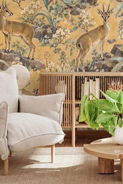 Arrangement of flowering desert plants and rocks in wallpaper motif
