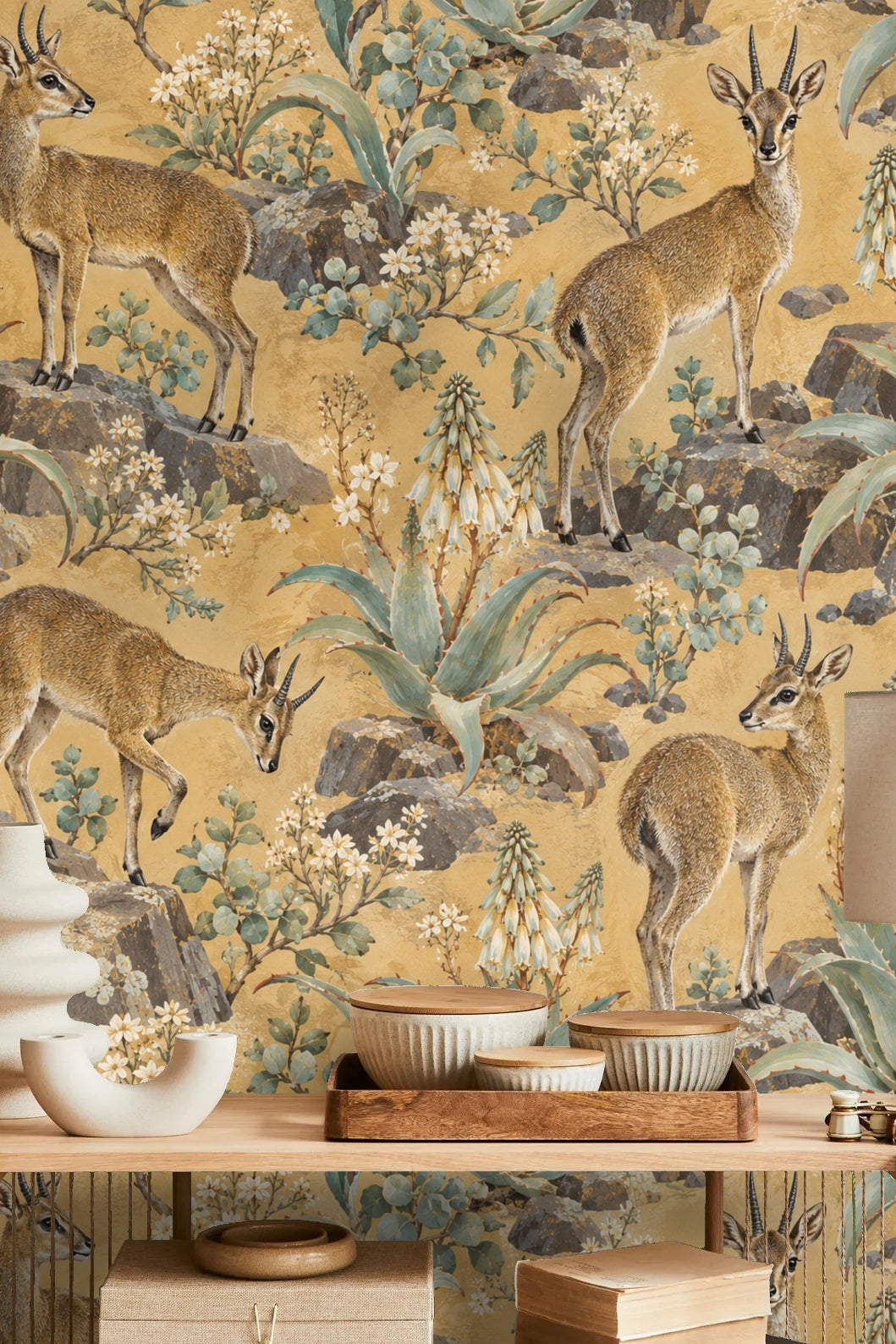 Room corner with klipspringer stoneflower wallpaper and natural light on floor