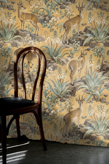 Wallpaper repeat detail of klipspringers among stone and flower motifs on golden background