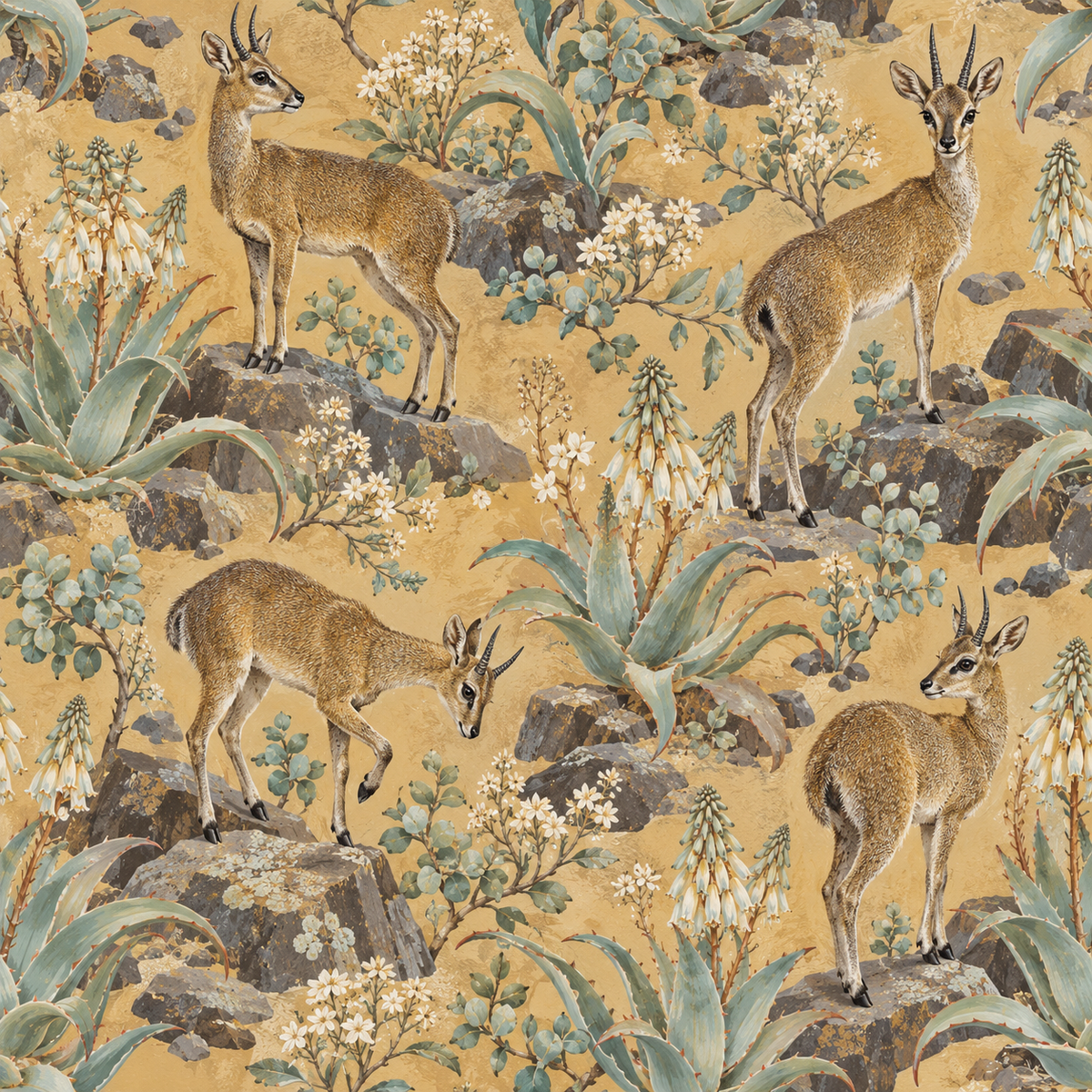 Close focus on texture and coloration of klipspringer fur and natural stones in wallpaper
