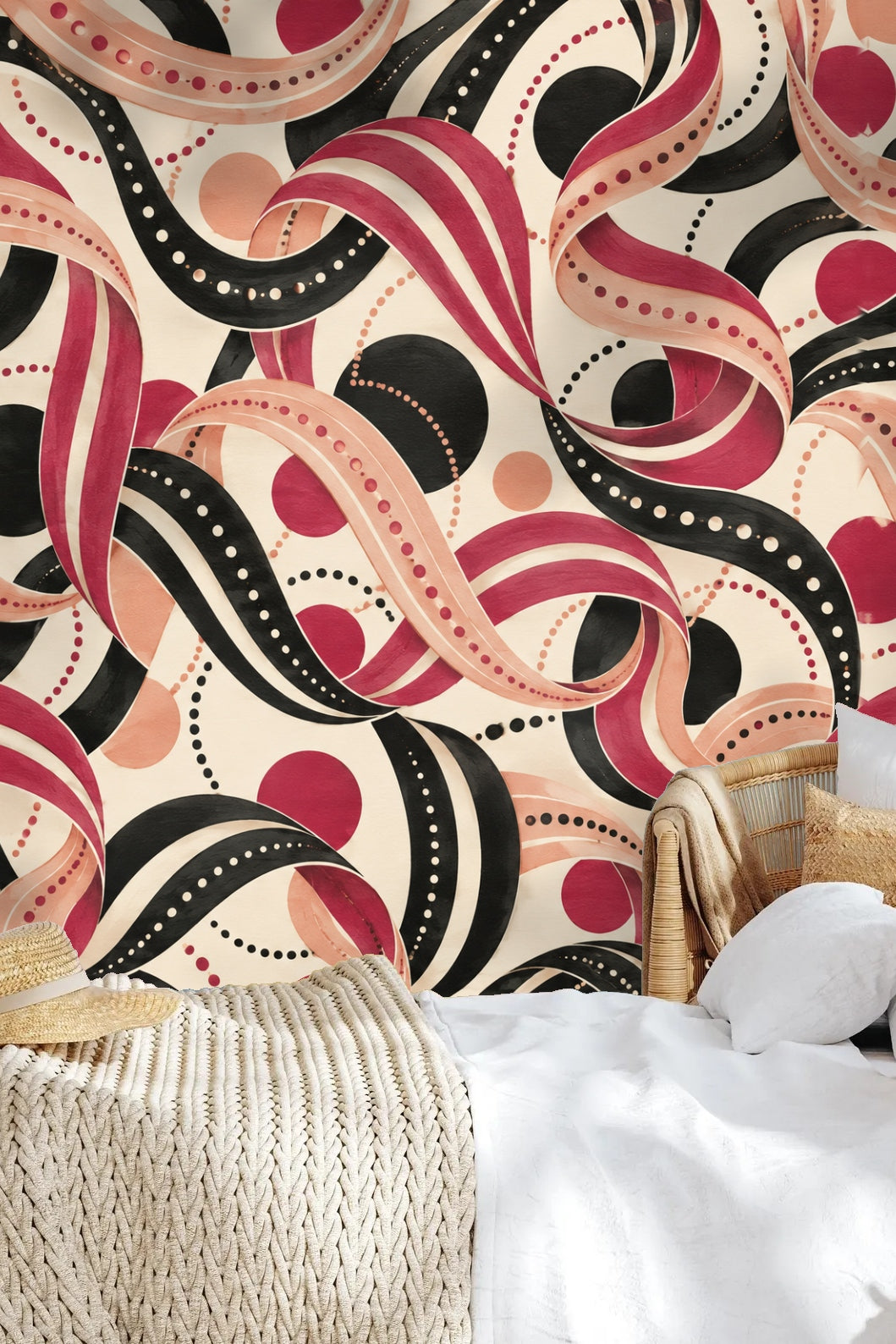 Pattern repeat of Ink Ruffle Rondo wallpaper showing layered ribbons and spots