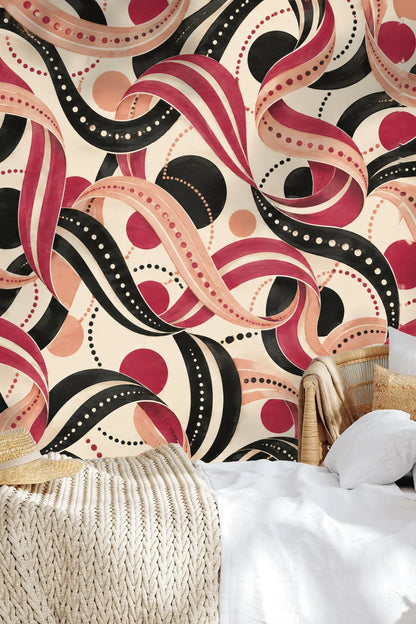 Pattern repeat of Ink Ruffle Rondo wallpaper showing layered ribbons and spots