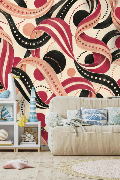 Flowing bands of black with white dots and red stripes overlaying cream base in wallpaper texture