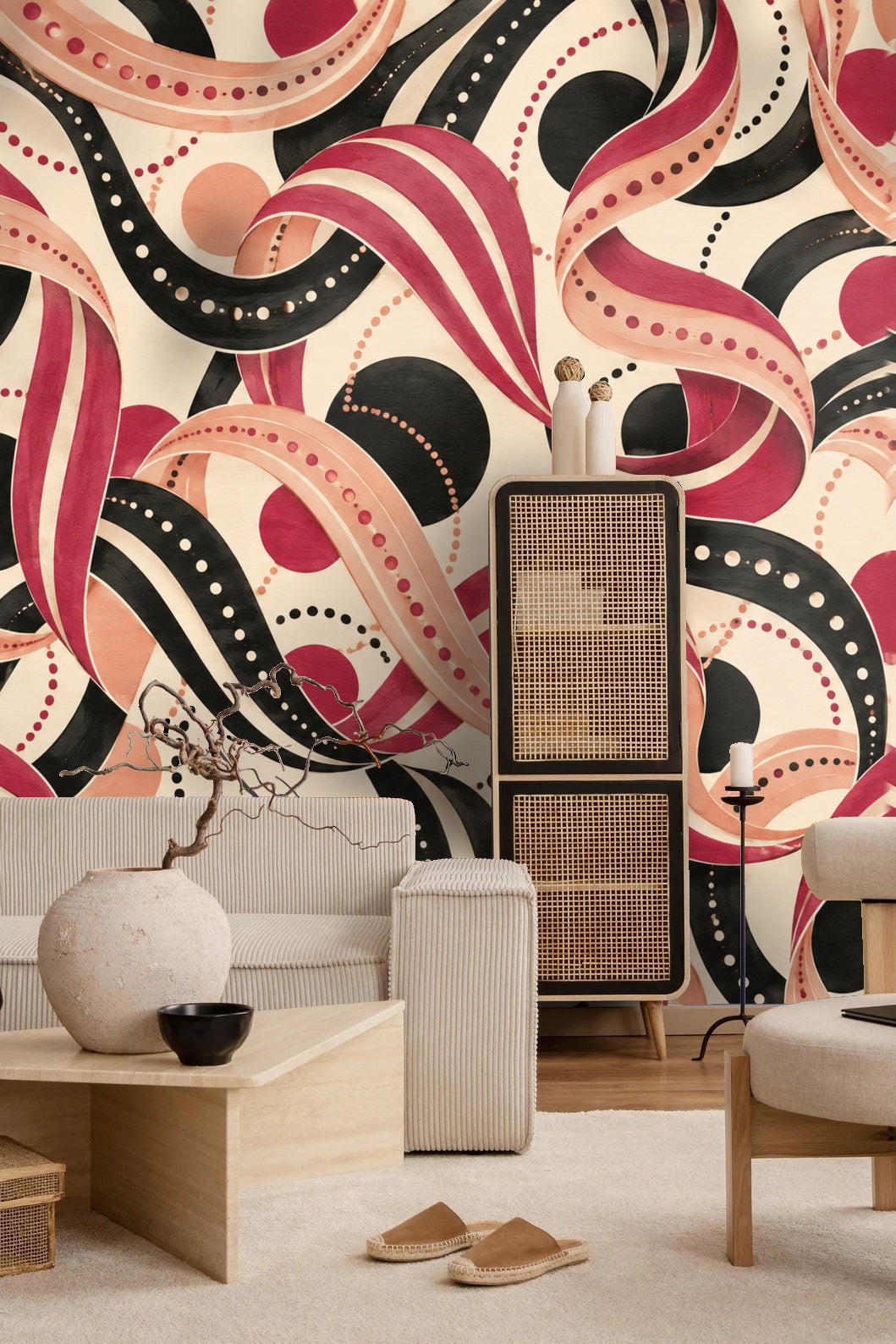 Detailed view of Ink Ruffle Rondo wallpaper showing flowing red and black ribbons with dotted accents on cream background