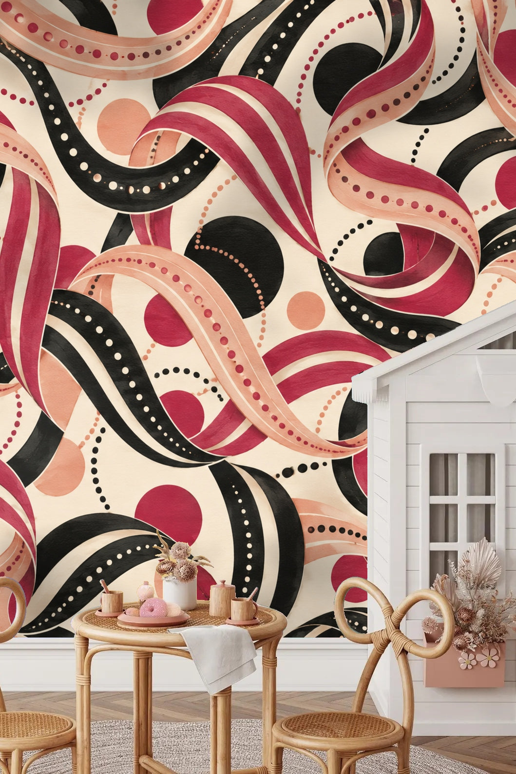 Living room with Ink Ruffle Rondo wallpaper, featuring styled rattan furniture and neutral decor