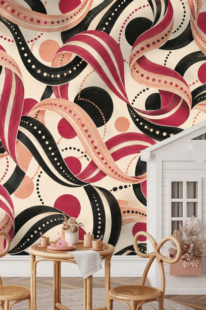 Living room with Ink Ruffle Rondo wallpaper, featuring styled rattan furniture and neutral decor