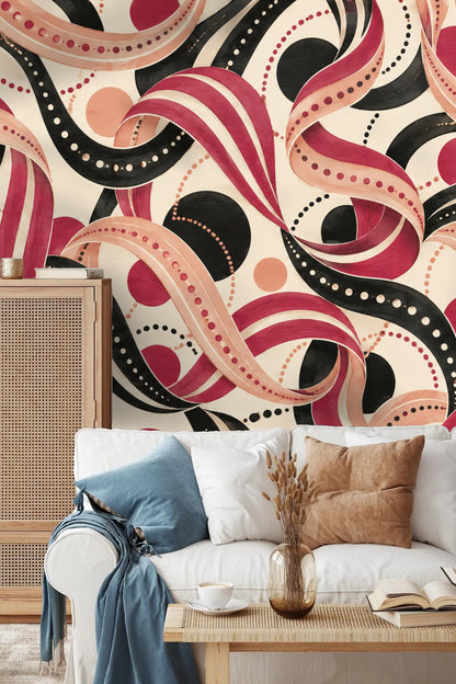 Energetic wallpaper design with curved stripes and dotted loops in a playful color combination