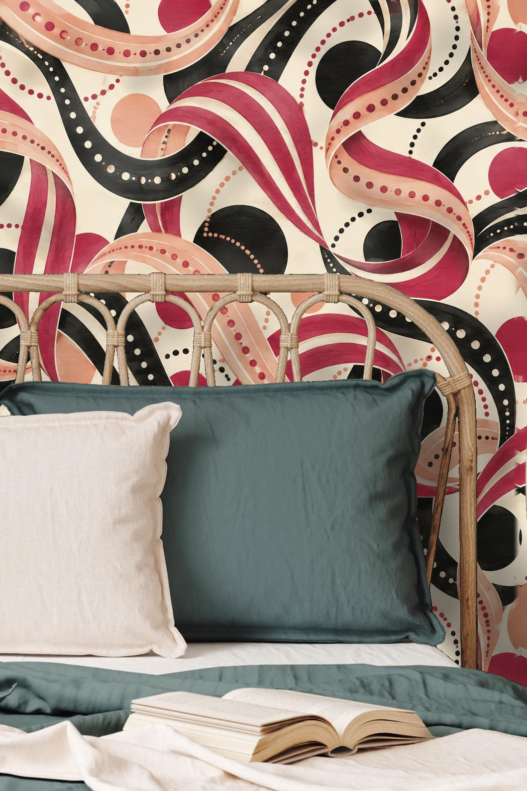 Playroom featuring large scale Ink Ruffle Rondo wallpaper in red, peach, black, and cream hues with wooden chairs and dollhouse