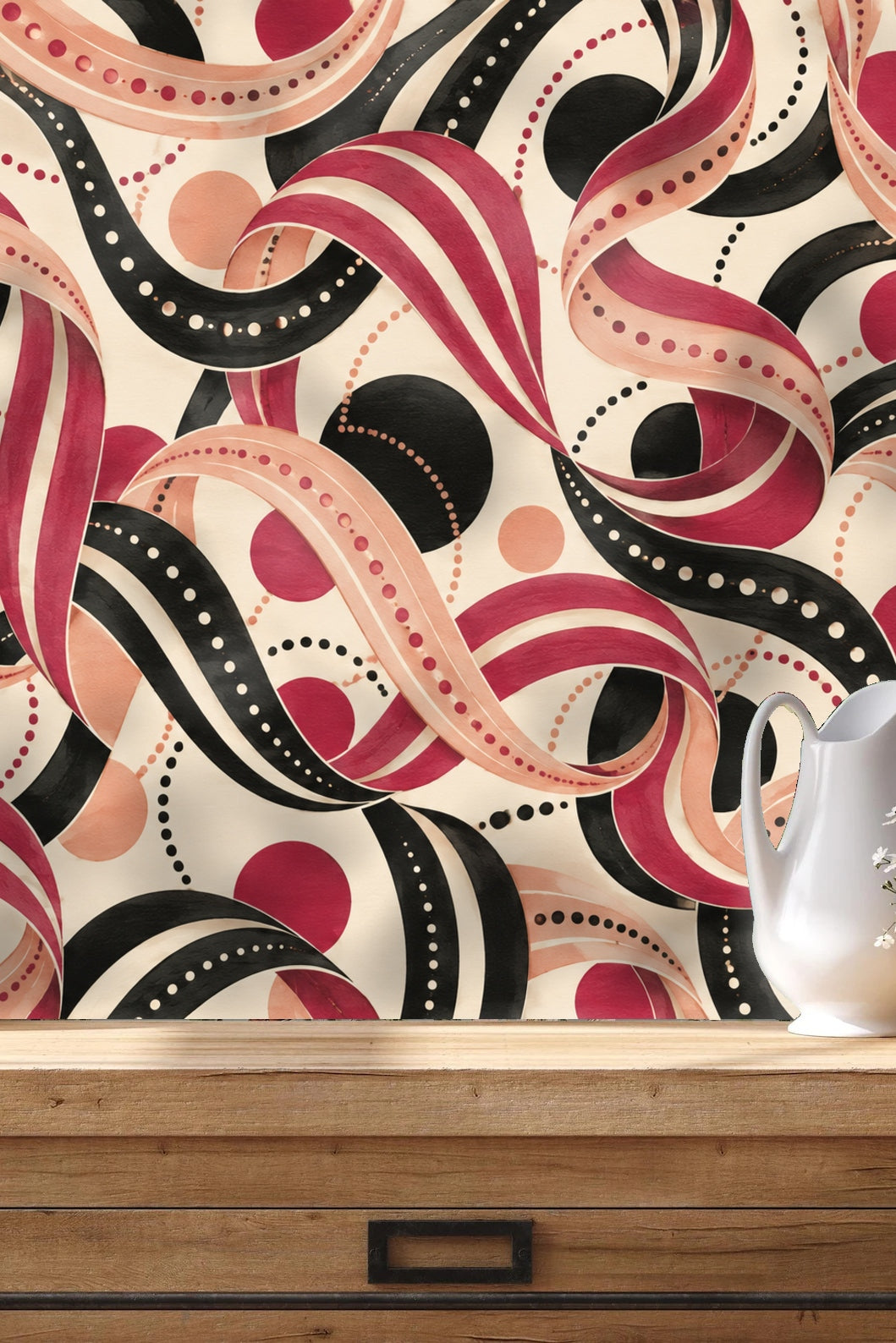 Close-up of swirling ribbon motif with dotted detailing on Ink Ruffle Rondo wallpaper