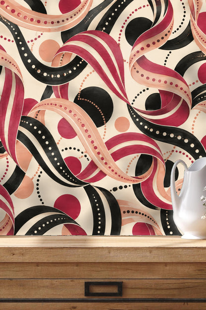 Close-up of swirling ribbon motif with dotted detailing on Ink Ruffle Rondo wallpaper